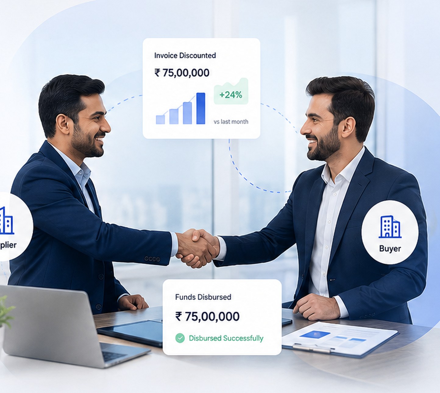 A supplier and a buyer shaking hands while an invoice of ₹75,00,000 is discounted and disbursed through FinXFund
